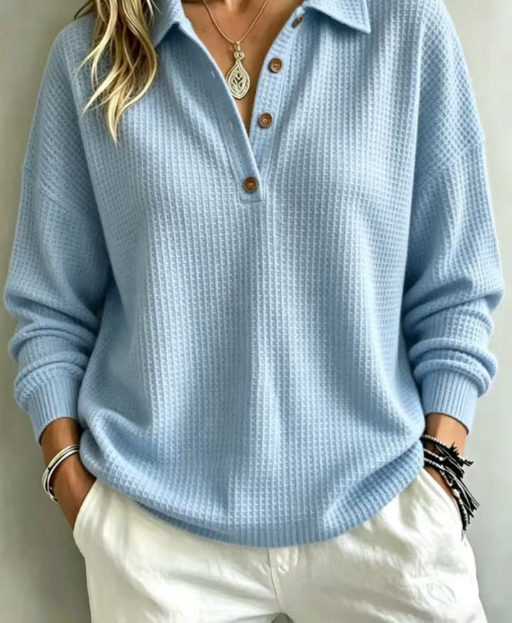 Damen Waffelstrick-Polo mit Oversize-Schnitt, Knopfleiste und Rollkragen-Optik Drune