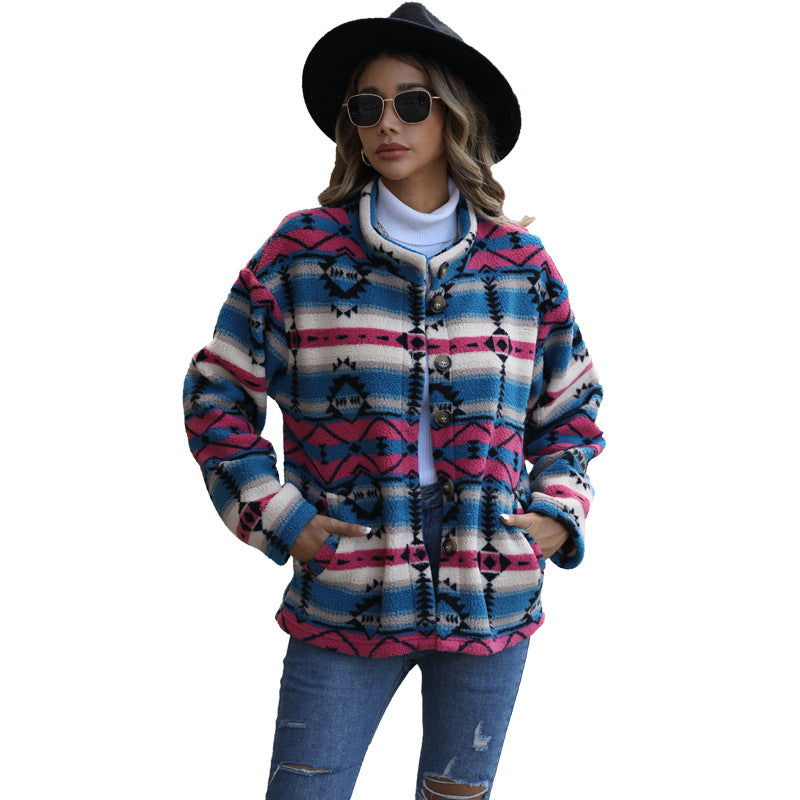 Damen Fleecejacke im Boho-Stil mit einzigartigem geometrischem Muster und großen Knöpfen Drune
