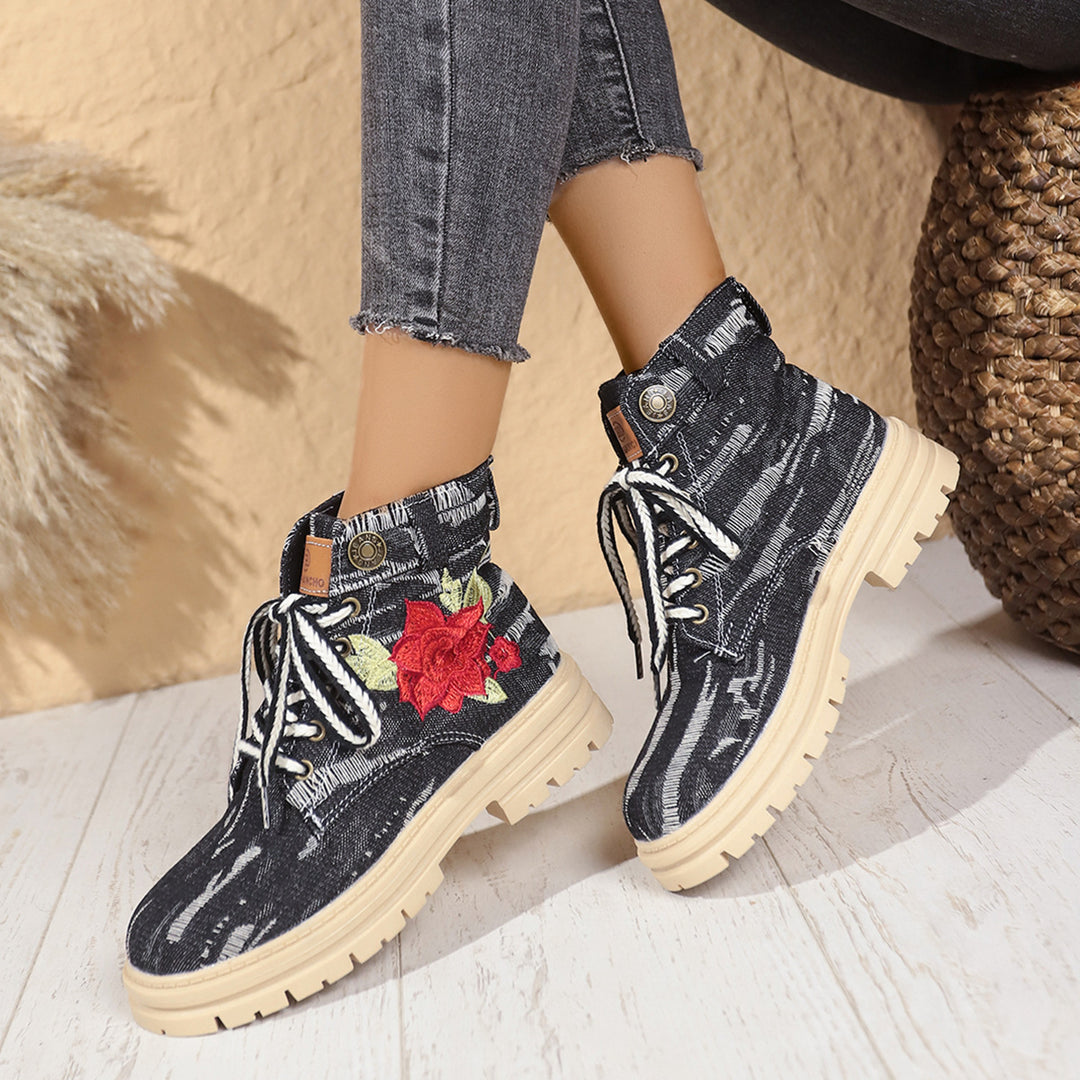 Damen Modische Schnürstiefeletten mit floralem Stickmuster und rutschfester Sohle Drune