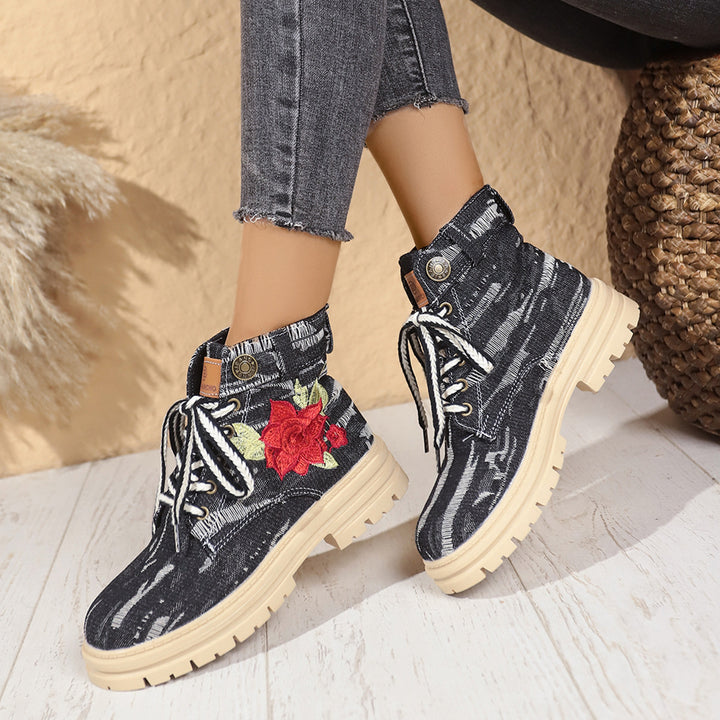 Damen Modische Schnürstiefeletten mit floralem Stickmuster und rutschfester Sohle Drune