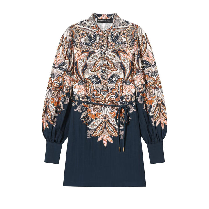 Damen Boho-Tunika‑Midikleid mit Paisley‑Print, Ballonärmeln und Tunnelzug Drune