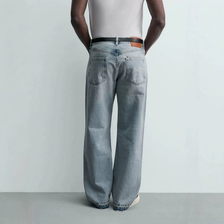 Herren Gerade geschnittene Jeans mit hoher Leibhöhe und Vintage‑Washed-Effekt Drune