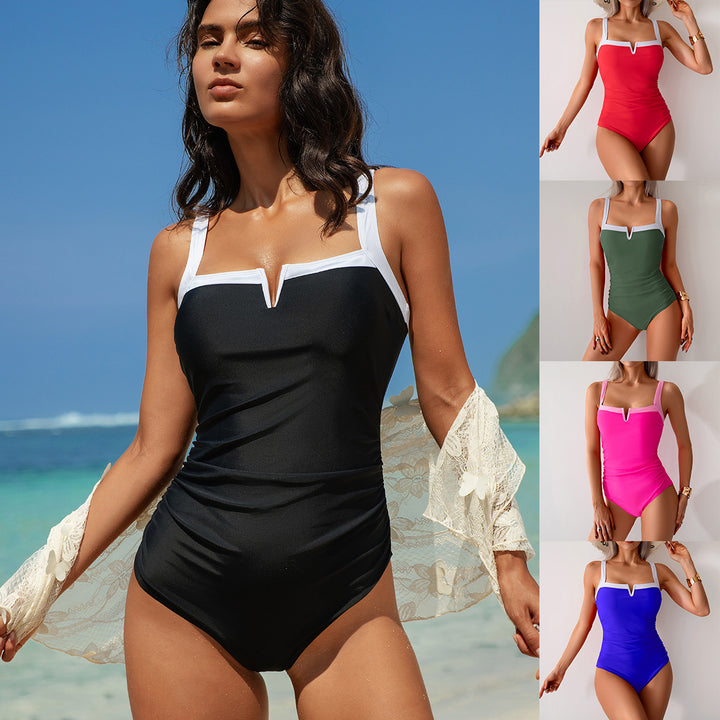 Damen Eleganter Einteiler Badeanzug mit V-Ausschnitt und feinen Kontrastdetails Drune