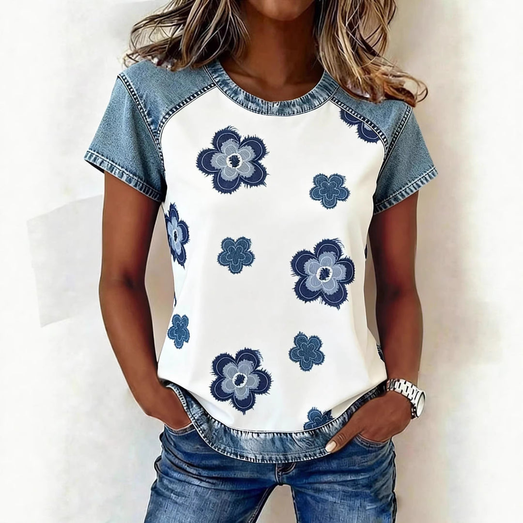 Damen Kurzarmshirt mit Jeans-Einsätzen und Teddy-Patchprint Drune