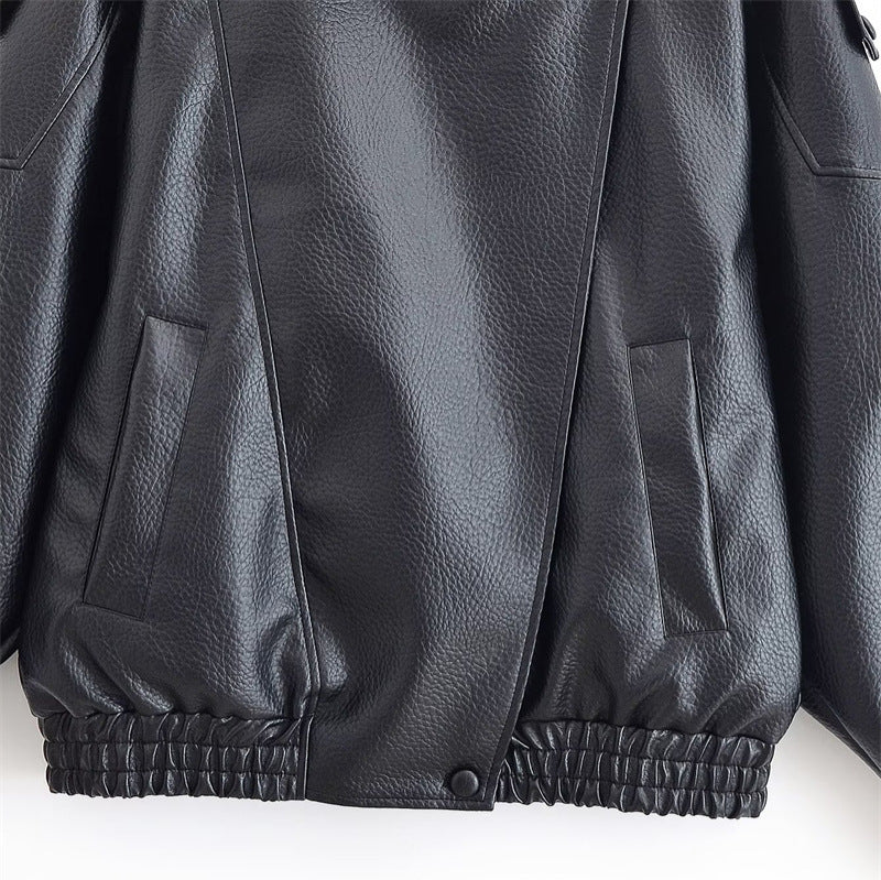 Damen Lederjacke mit hohem Stehkragen und asymmetrischer Druckknopfleiste Drune