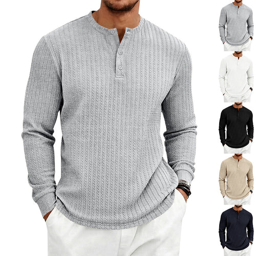 Herren Texturiertes Langarm-Henleyshirt mit Stehkragen und Zopfmuster Drune