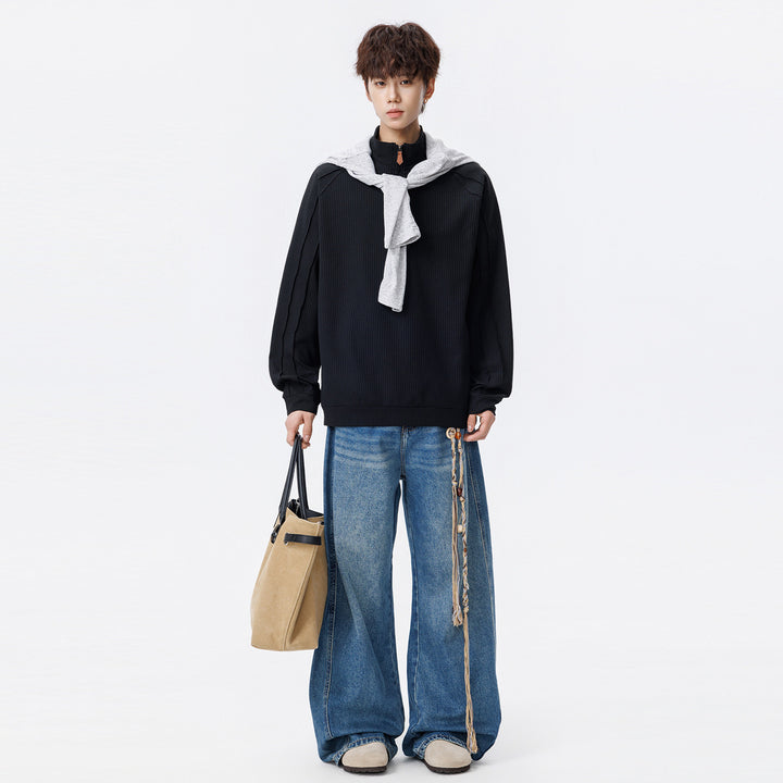 Unisex Waffelstruktur-Halbzip-Pullover mit Stehkragen und Oversized-Schnitt Drune