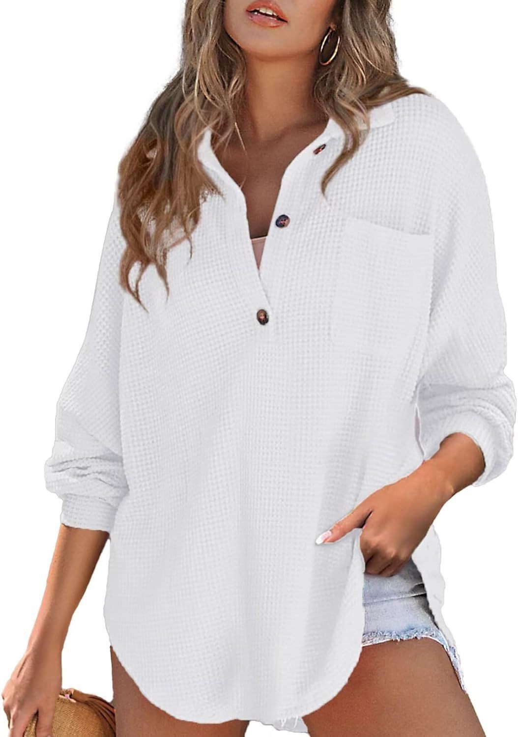 Damen Oversize Waffel-Strick Hemdtunika mit Brusttasche und Holzknöpfen Drune