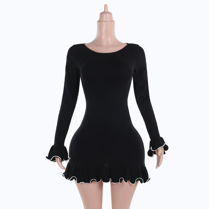 Damen figurbetontes Mini-Kleid mit kreativen Rüschen und langen Ärmeln Drune