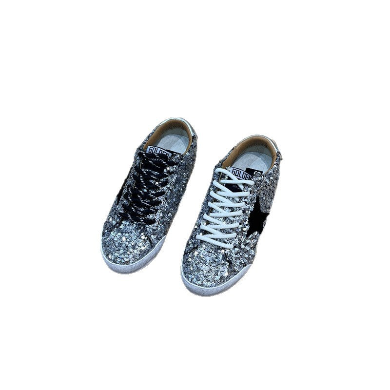 Damen Glitzer-Sneaker mit Paillettenbesatz, Stern-Applikation und kontrastierenden Schnürsenkeln Drune