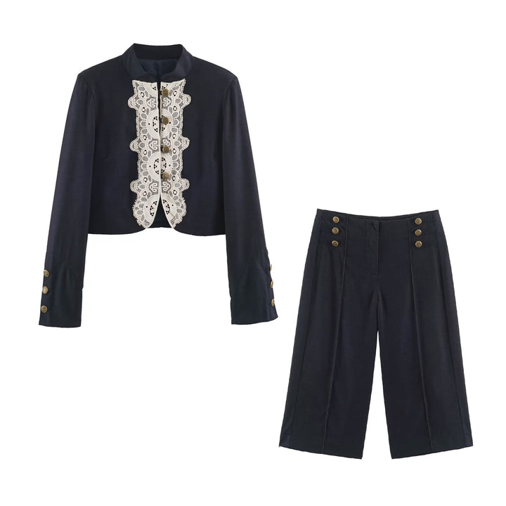 Damen Kurzer Bolero‑Blazer mit Spitzenfront und dekorativen Zierknöpfen Drune