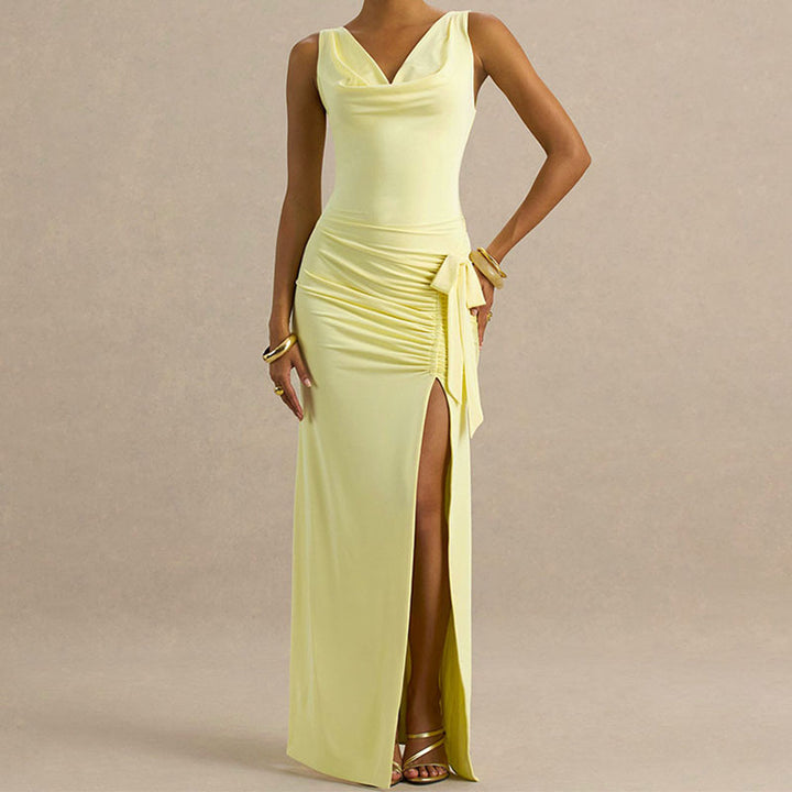 Damen Elegantes Maxikleid mit tiefem V-Ausschnitt und seitlicher Raffung Drune