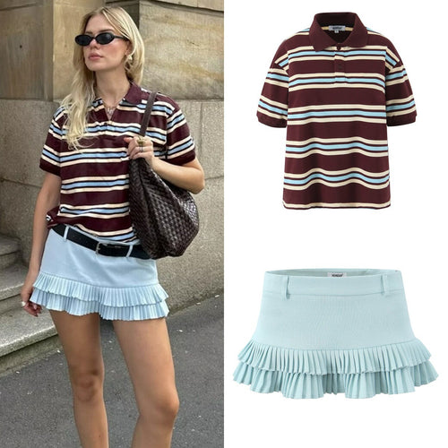 Damen Lässiges Langarm-Poloshirt mit Streifenmuster und Rippbündchen Drune