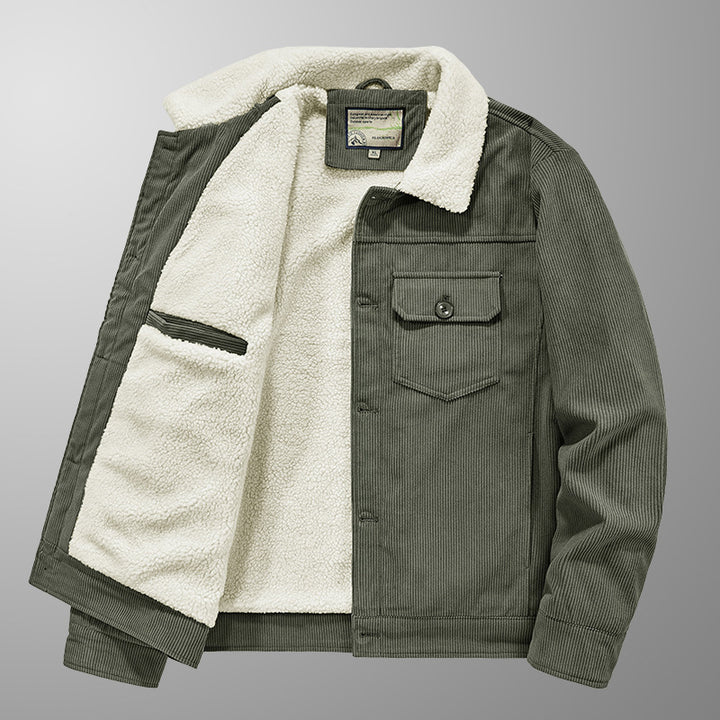 Herren Cord-Truckerjacke mit Sherpa-Innenfutter, Brustpattentasche und geradem Saum Drune