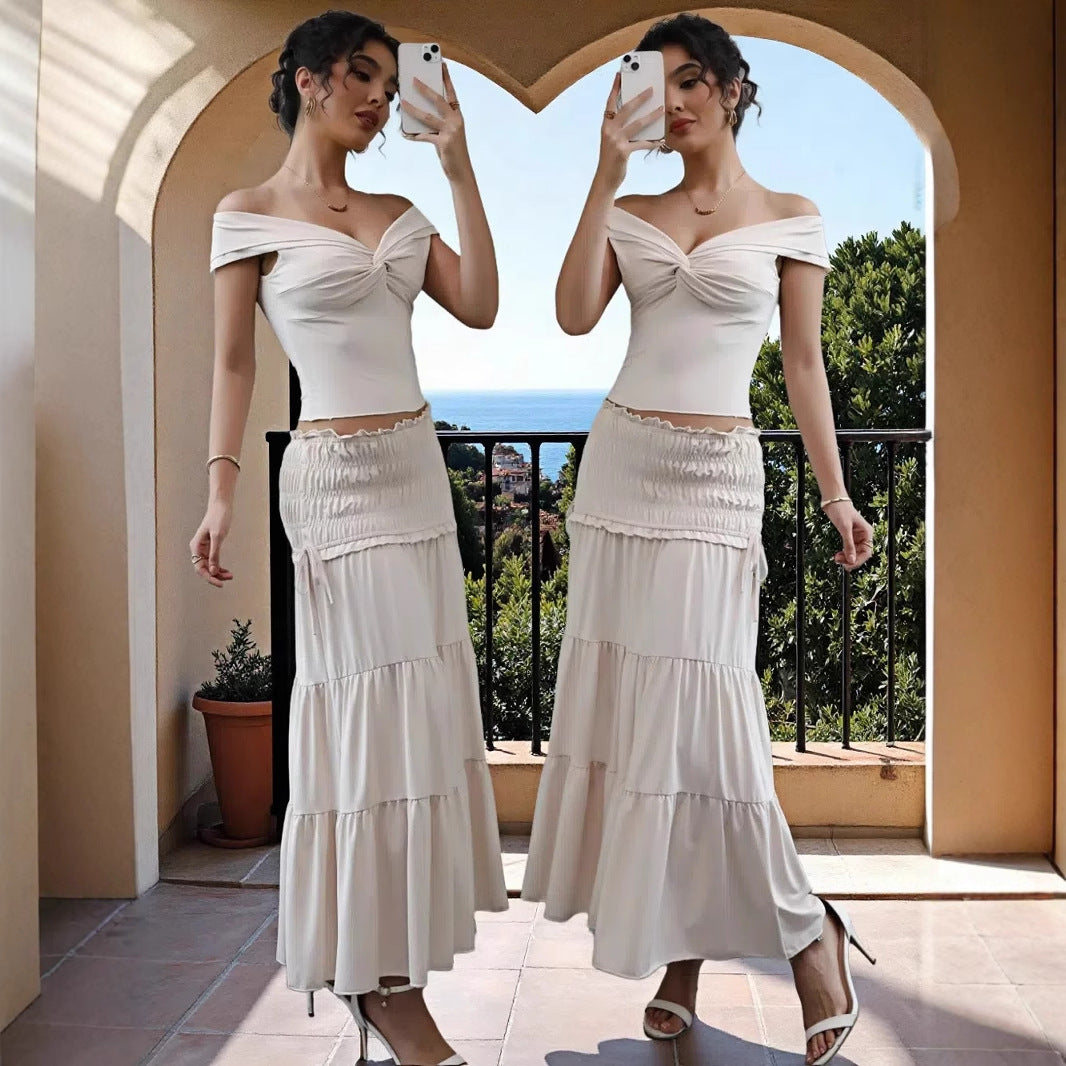 Damen Off-Shoulder Maxikleid mit gerafftem Rock und romantischem Design Drune