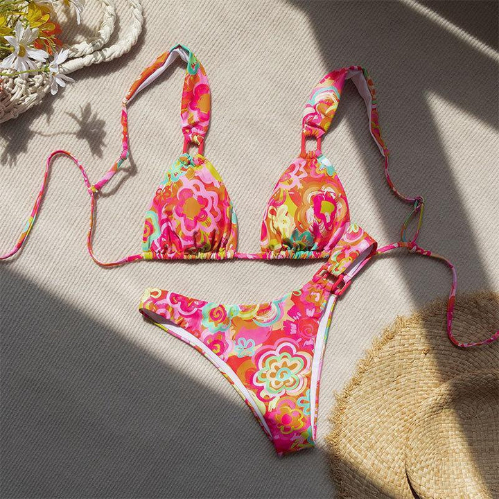 Damen Triangel-Bikini mit verspieltem Blumenmuster und verstellbaren Trägern Drune