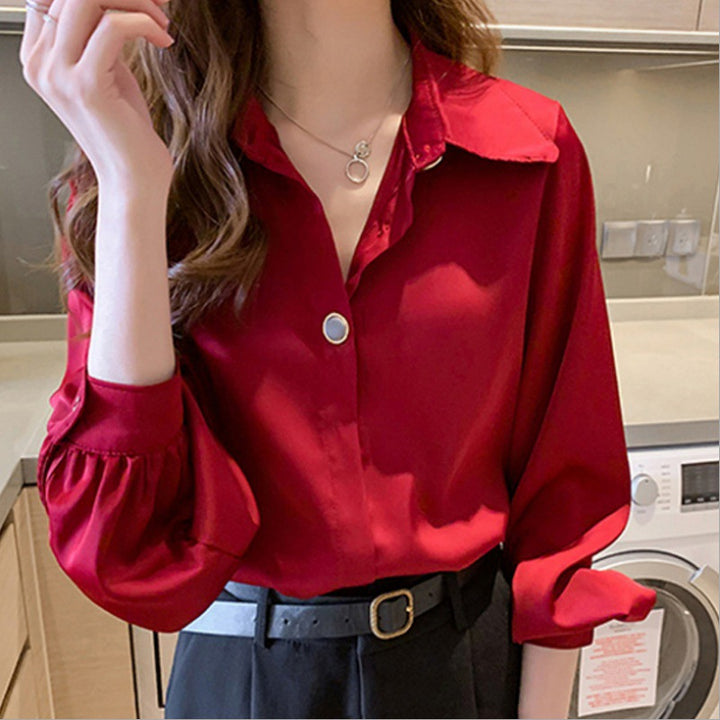 Damen Elegante Seidenoptik Hemdbluse mit übergroßem Kragen und Ballonärmeln Drune