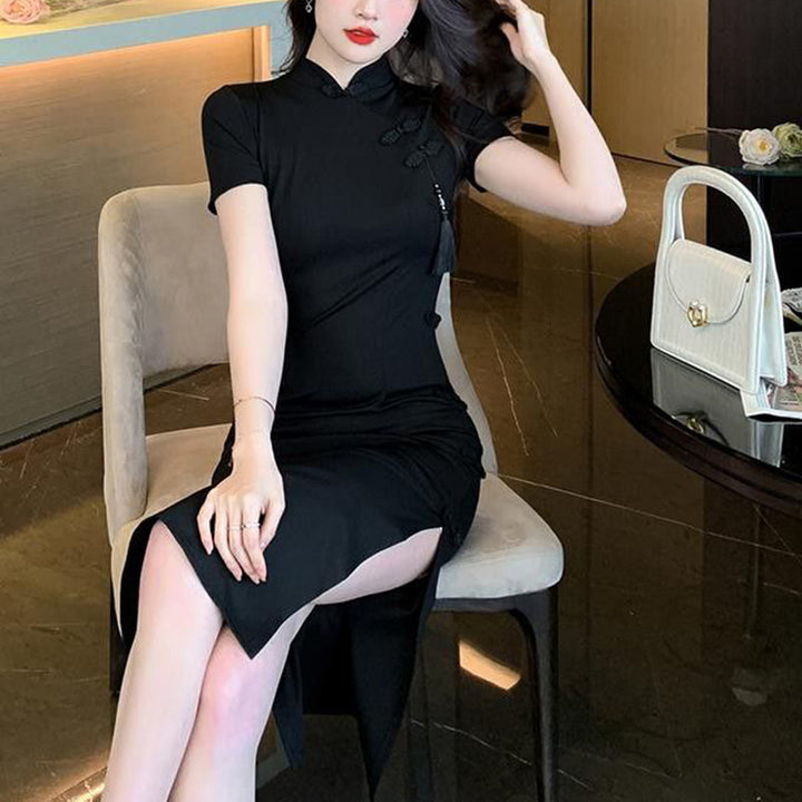 Damen elegantes Bodycon-Kleid mit hohem Schlitz und kurzen Ärmeln Drune