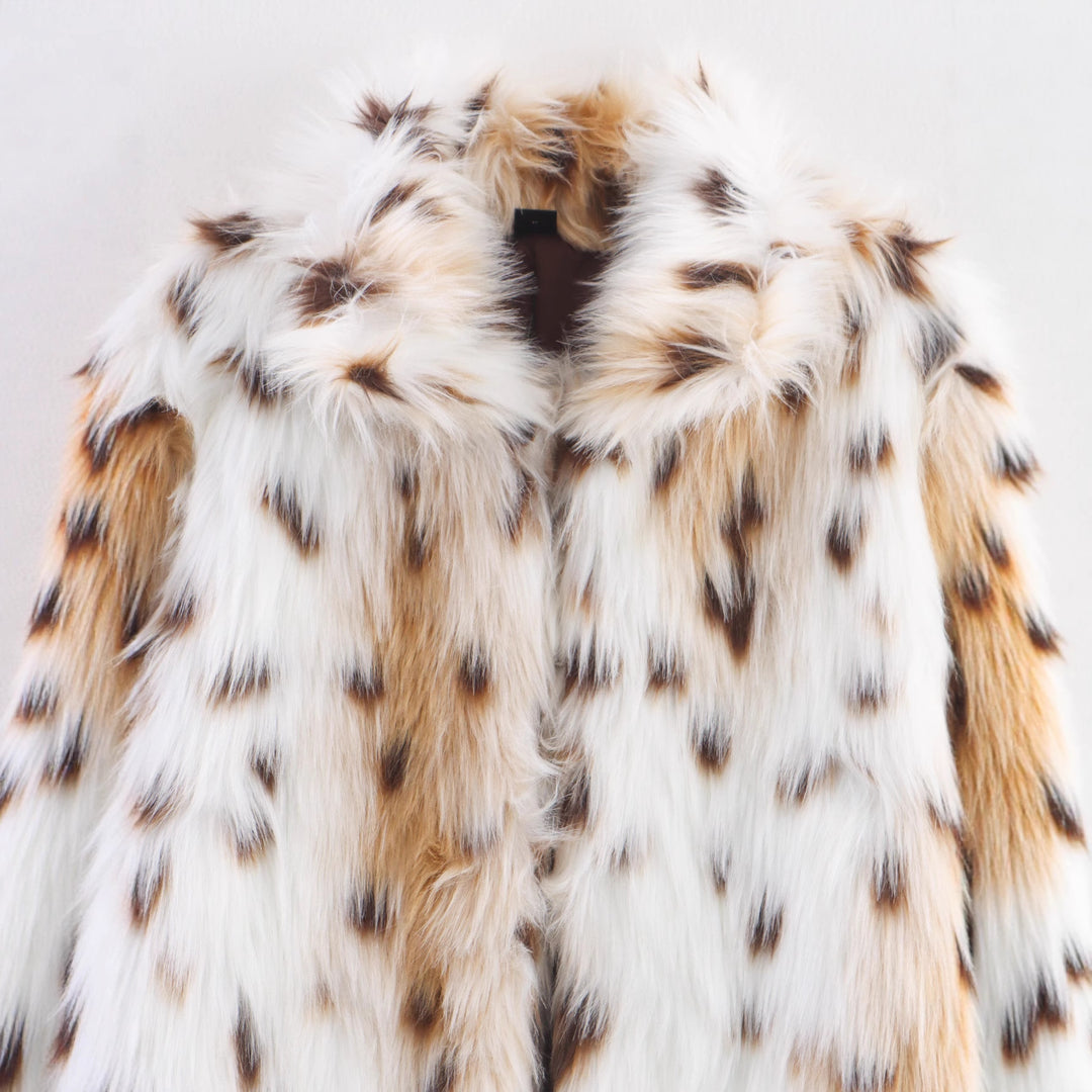 Damen Langer Oversize Kunstfell‑Mantel mit geflecktem Wildkatzenprint und Stehkragen Drune