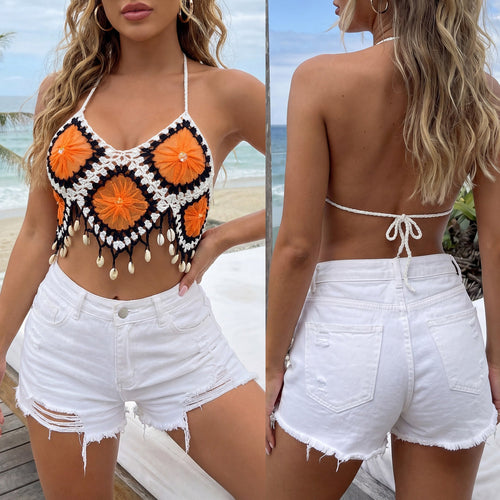 Damen Bohemian Cropped Top mit einzigartigen Häkelverzierungen Drune
