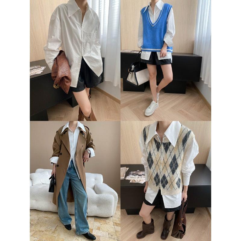 Damen lässige Hemdbluse mit tiefem Kragen und Brusttasche Drune