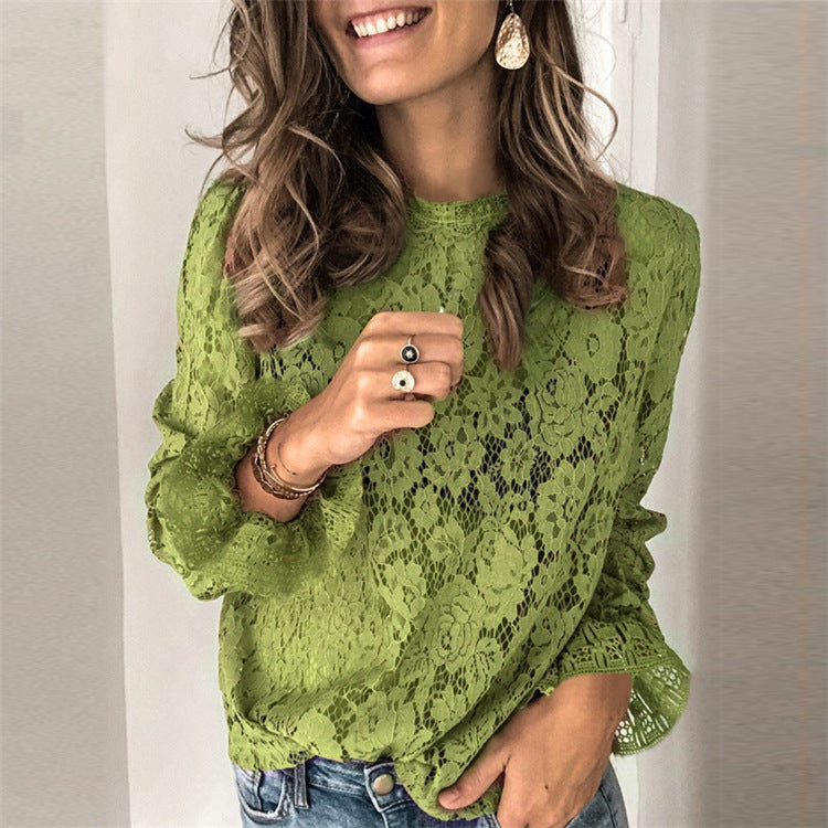 Damen Spitzenoberteil mit elegantem Blumenmuster und langen Ärmeln Drune