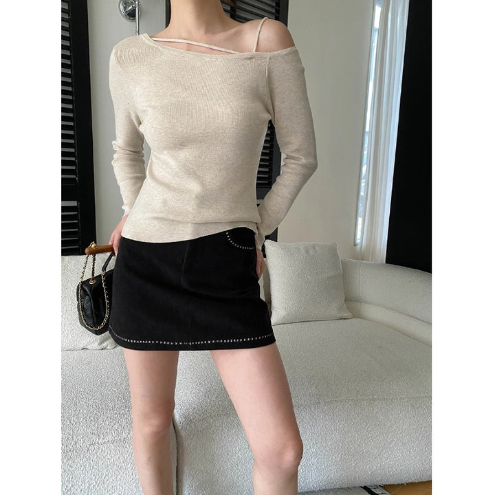 Damen elegantes Oberteil mit asymmetrischem Ausschnitt und feinen Rippdetails Drune