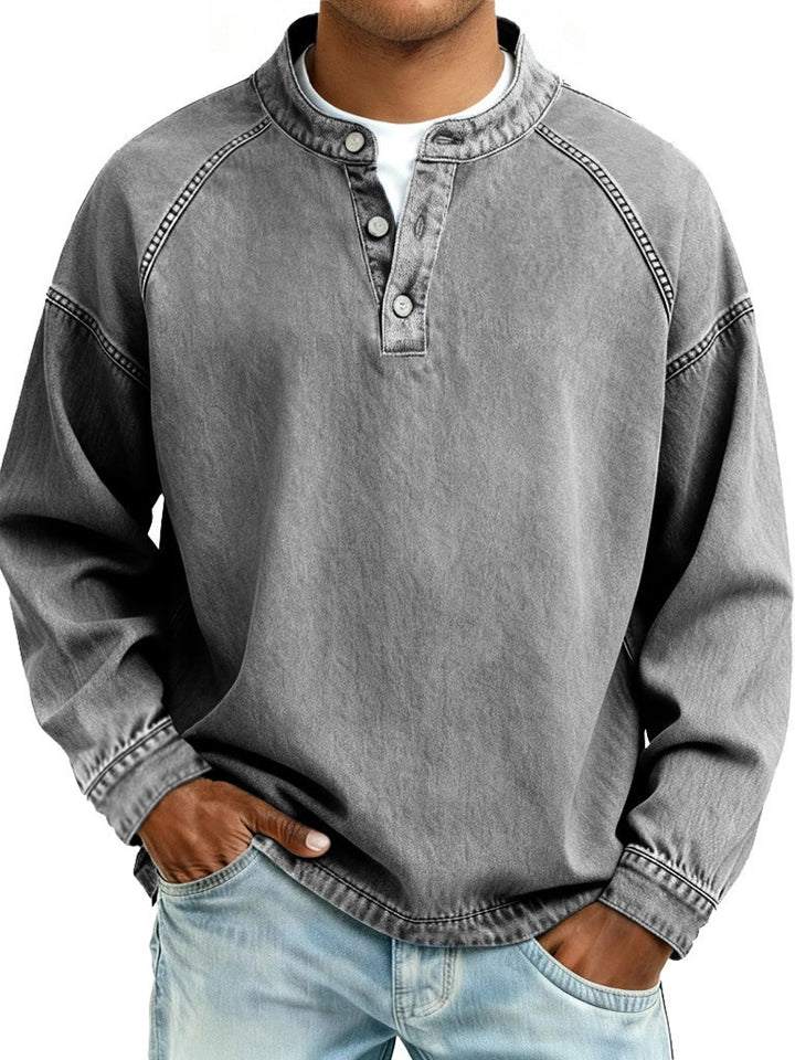 Herren nan verwaschenes Henley-Shirt mit Stehkragen, lockerer Passform und Knopfleiste Drune