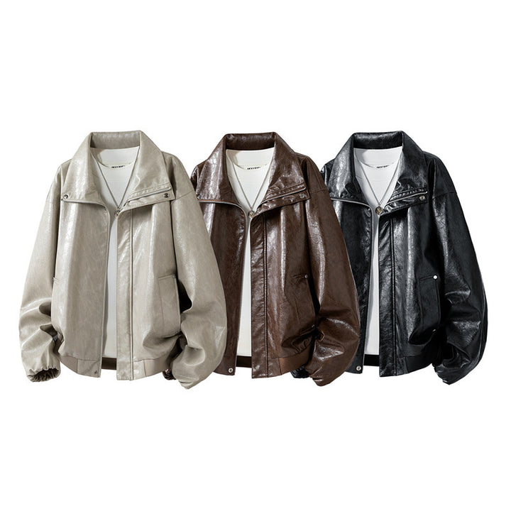 Damen Modische Kunstlederjacke mit hohen Kragen Drune
