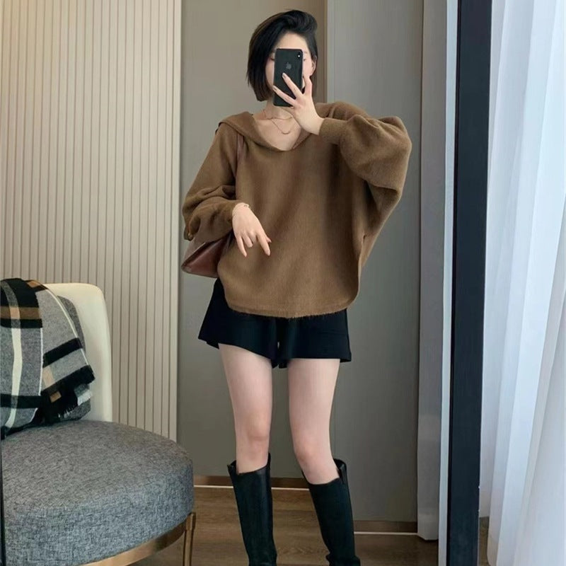 Damen Oversized Strickpullover mit lässigem V-Ausschnitt und Kapuze Drune
