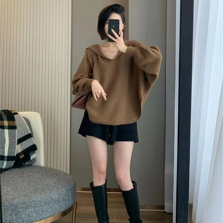 Damen Oversized Strickpullover mit lässigem V-Ausschnitt und Kapuze Drune