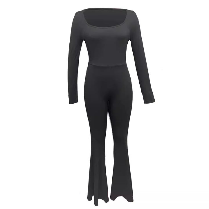 Damen Eleganter und figurbetonter Jumpsuit mit weitem Bein und langen Ärmeln Drune