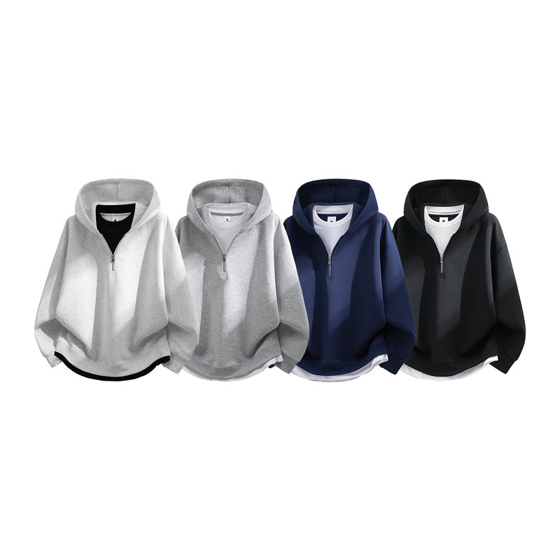 Unisex Oversize-Halbzip-Kapuzenpullover mit Lagen‑Optik, gerundetem Saum & gerippten Bündchen Drune