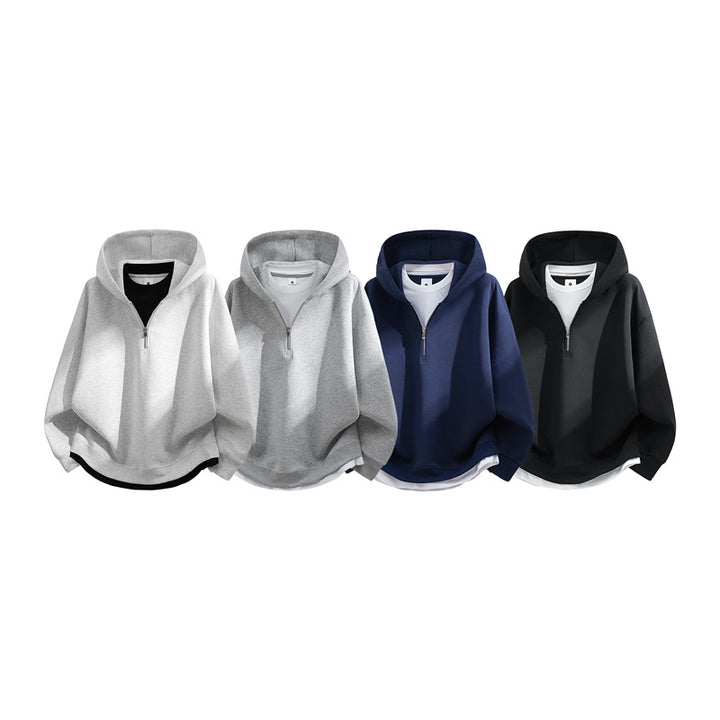 Unisex Oversize-Halbzip-Kapuzenpullover mit Lagen‑Optik, gerundetem Saum & gerippten Bündchen Drune