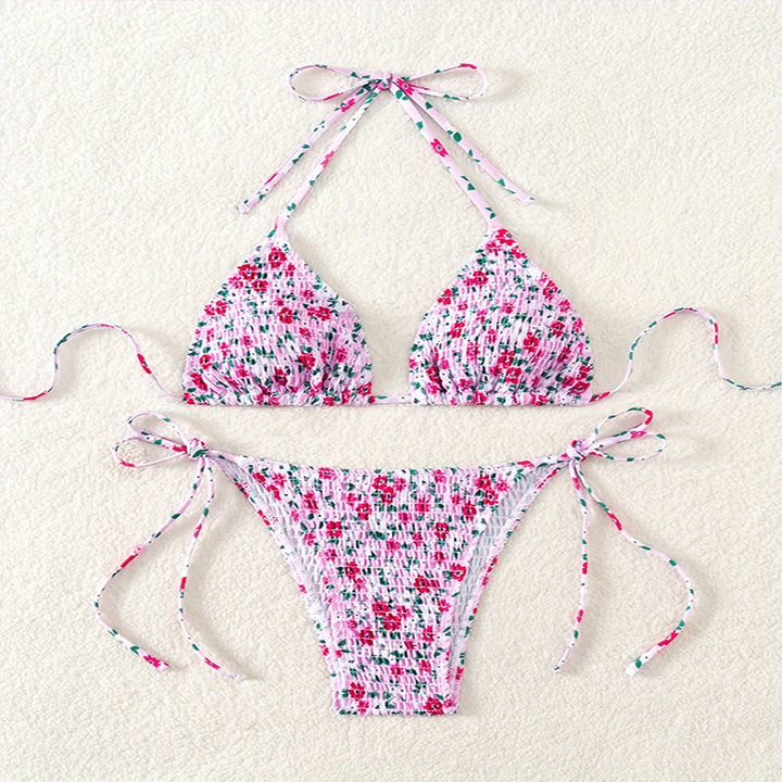 Damen Triangel-Bikini-Set mit verspielter Raffung und hübschem Blumenmuster Drune