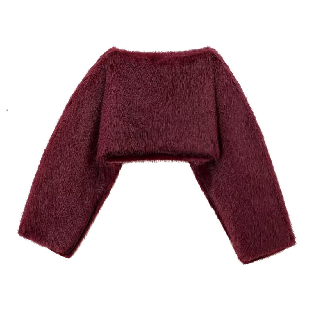 Damen nan kuscheliger Cropped-Fellpullover mit weitem Bootneck und voluminösen Ärmeln Drune