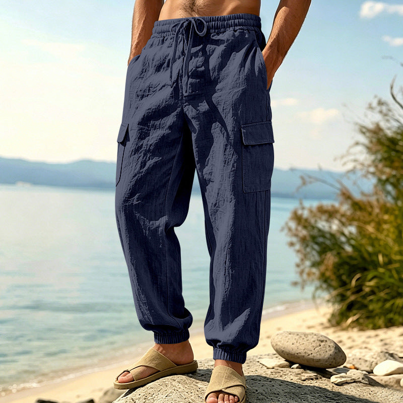 Herren nan leichte Cargo-Joggerhose aus Leinenmischung mit elastischem Tunnelzugbund, aufgesetzten Klappentaschen und gerippten Beinabschlüssen Drune