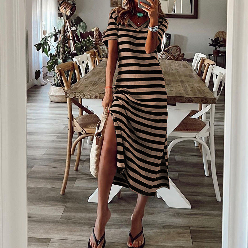 Damen Maxikleid mit tiefem Seitenschlitz und modischem Streifenmuster Drune