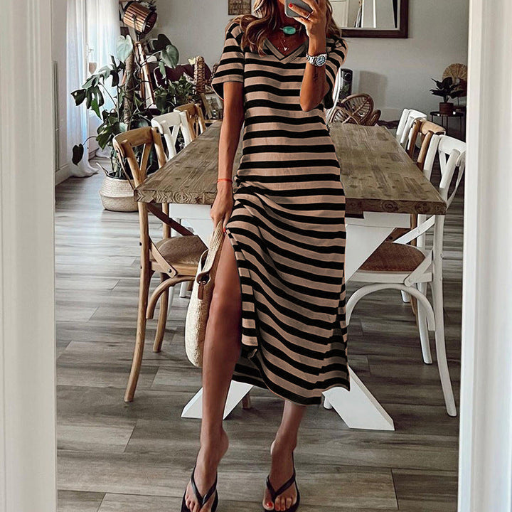 Damen Maxikleid mit tiefem Seitenschlitz und modischem Streifenmuster Drune