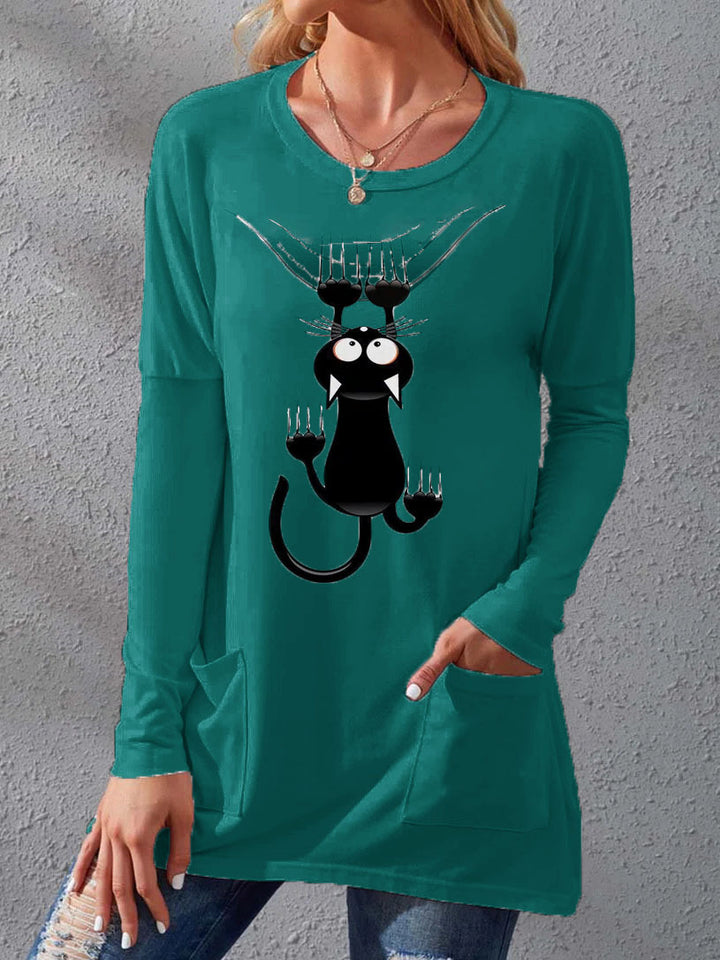Damen Langere Baumwollmischung Tunika Shirt mit Cartoon-Katzen-Druck und Seitentaschen Drune