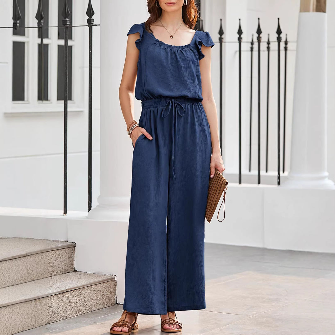 Damen Crinkle-Overall mit weitem Bein, elastischem Taillenbund und Rüschenärmeln Drune