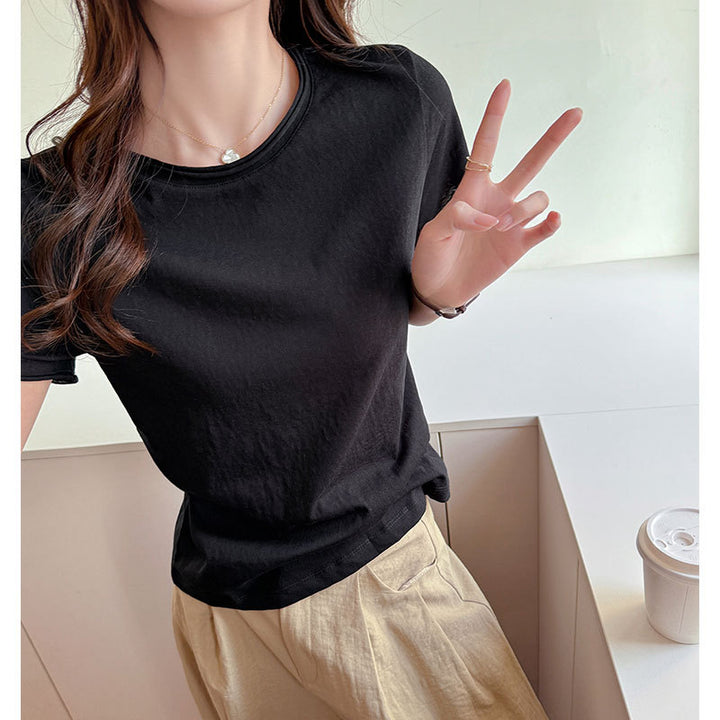 Damen Basic T-Shirt aus weicher Baumwolle mit Rundhalsausschnitt Drune