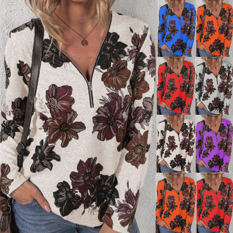 Damen lockeres V-Ausschnitt Longsleeve-Shirt mit kurzem Reißverschluss und floralem Allover-Druck Drune
