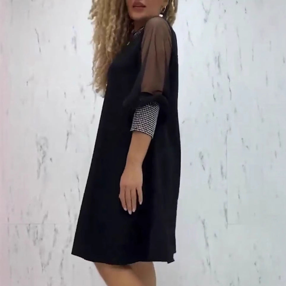 Damen nan A-Linien-Kurzkleid mit transparenten Mesh-Ärmeln und schmuckbesetztem Kragen Drune