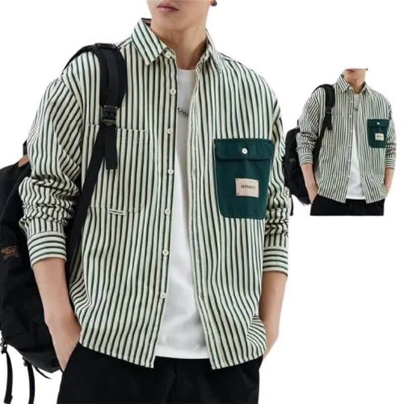 Herren Gestreiftes Overshirt im Workwear-Stil mit kontrastierter Brusttasche Drune