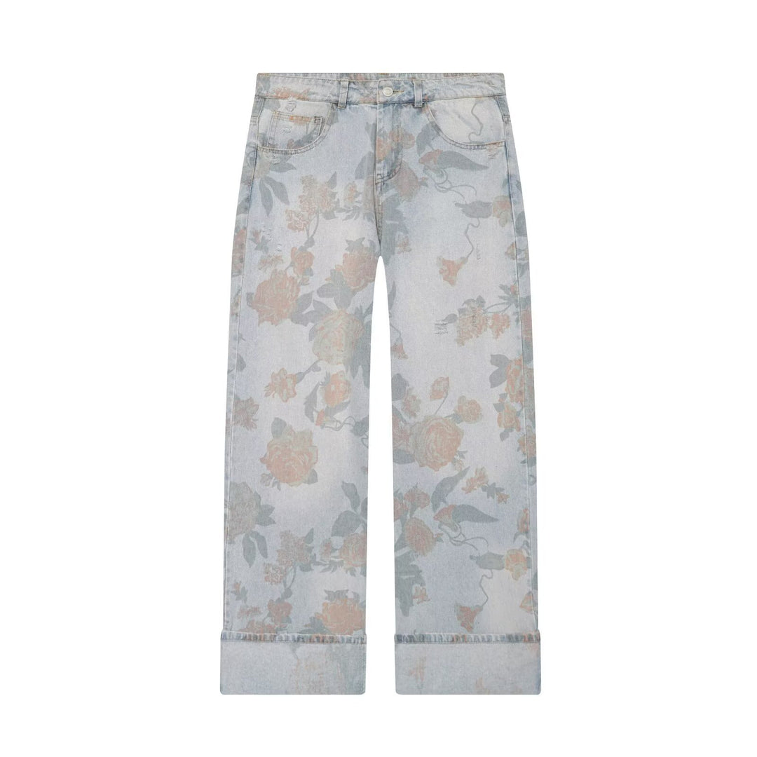 Damen Highwaist-Jeans mit weitem Bein, floralem Allover-Print und Umschlag Drune