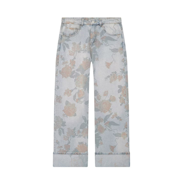 Damen Highwaist-Jeans mit weitem Bein, floralem Allover-Print und Umschlag Drune