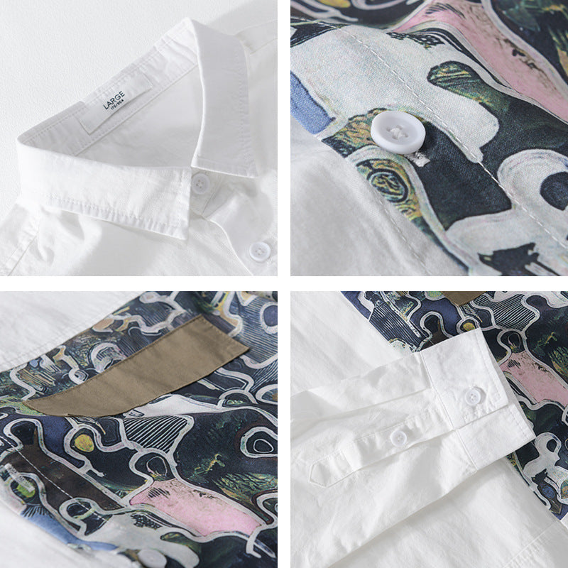Herren Baumwollhemd mit großem Kunst-Print-Brustpatch und Kentkragen Drune