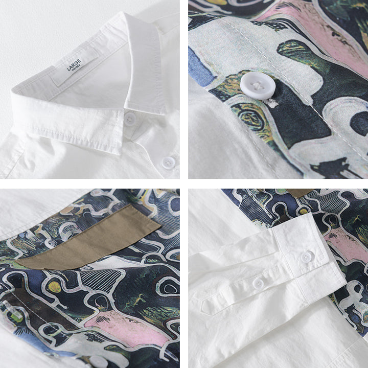 Herren Baumwollhemd mit großem Kunst-Print-Brustpatch und Kentkragen Drune