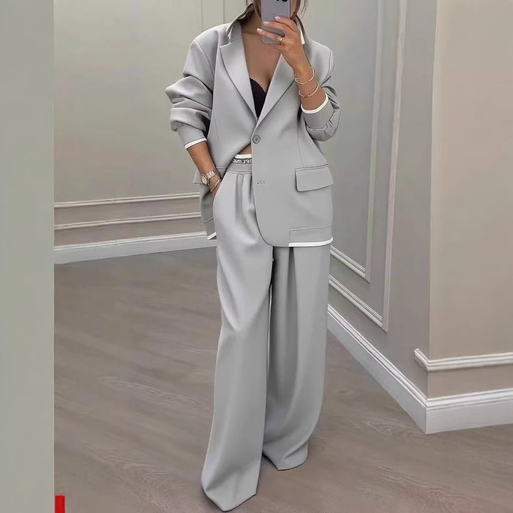 Damen Oversize-Tailoring-Set mit Kontrastpaspel, Single-Button-Blazer und hochgeschnittener Weitbeinhose Drune